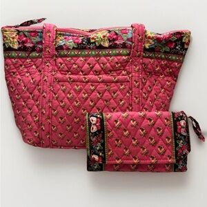 Vera Bradley Pink Pansy Quilted Tote Bag & Matching Wallet #5720